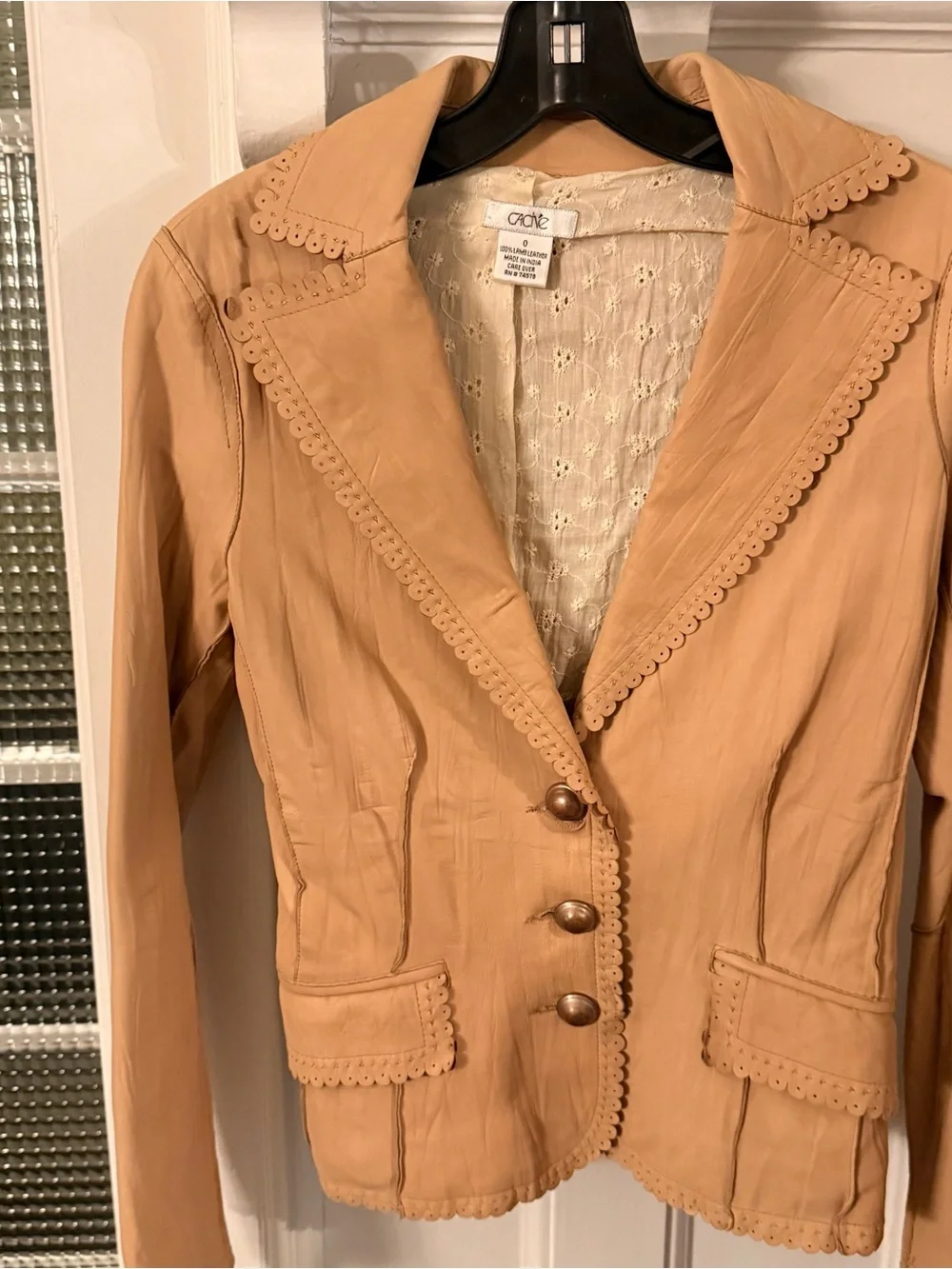 CACHE COUTURE BEAUTIFUL CAMEL TEXTURED WESTERN FLAIR LAMB LEATHER JACKET sz 0